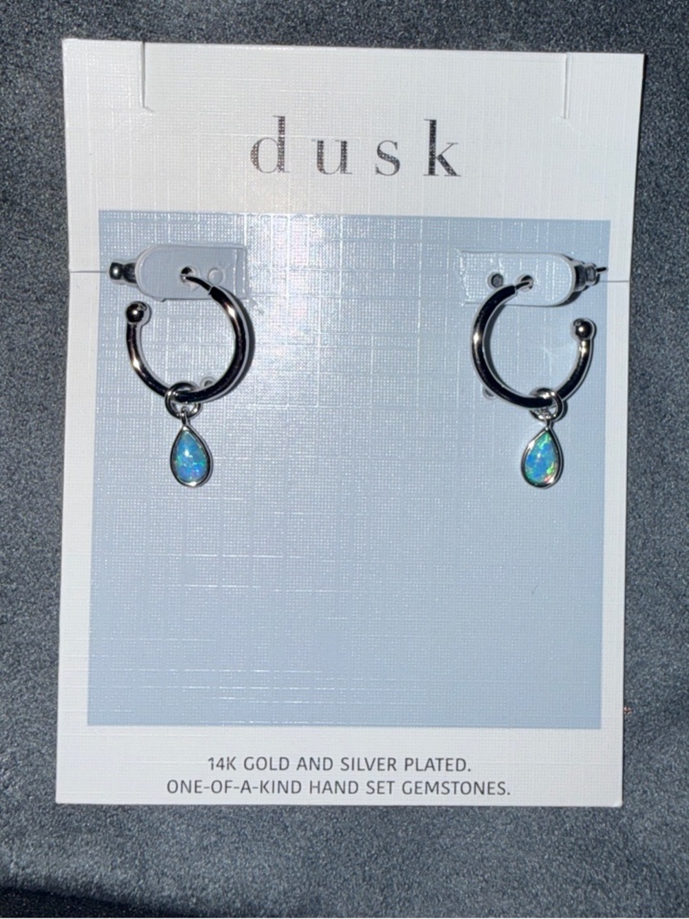 Dusk Silver Hoop Earrings with Blue Teardrop Opal